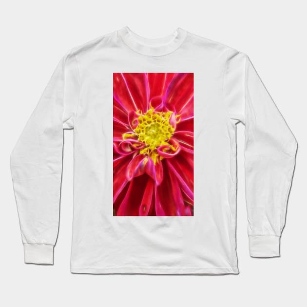 closeup macro photography of bright red dahlia bloom with pollen filled yellow center Long Sleeve T-Shirt by mister-john